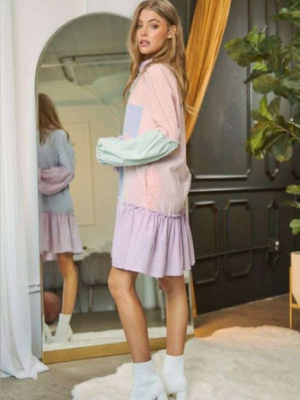 Davi and Dani Large Pastel Colorblock Button-Down Babydoll Dress - Picture 4 of 9
